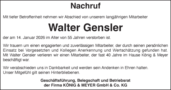 Traueranzeige von Walter Gensler von Fränkische Nachrichten