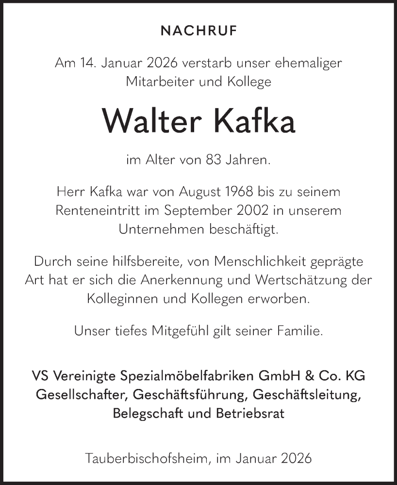  Traueranzeige für Walter Kafka vom 31.01.2026 aus Fränkische Nachrichten