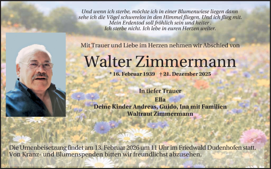 Traueranzeige von Walter Zimmermann von Schwetzinger Zeitung
