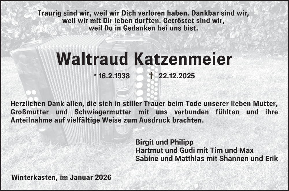  Traueranzeige für Waltraud Katzenmeier vom 31.01.2026 aus Bergsträßer Anzeiger
