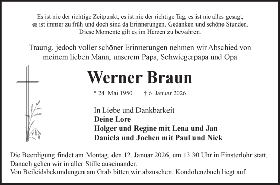 Traueranzeige von Werner Braun von Fränkische Nachrichten