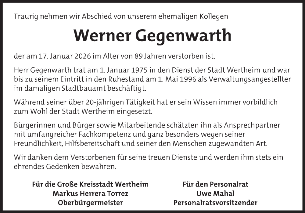  Traueranzeige für Werner Gegenwarth vom 24.01.2026 aus Fränkische Nachrichten