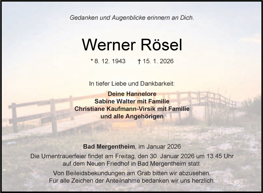  Traueranzeige für Werner Rösel vom 24.01.2026 aus Fränkische Nachrichten