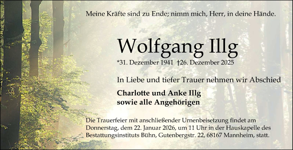  Traueranzeige für Wolfgang Illg vom 03.01.2026 aus Mannheimer Morgen