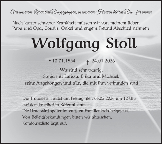 Traueranzeige von Wolfgang Stoll von Mannheimer Morgen