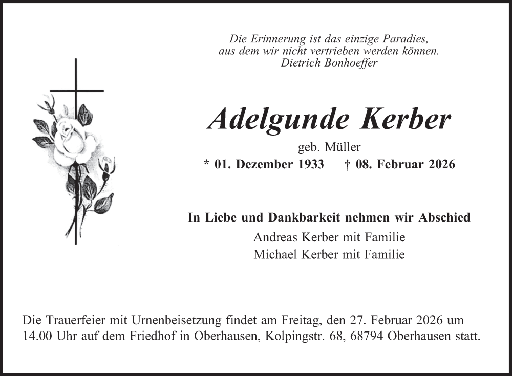  Traueranzeige für Adelgunde Kerber vom 20.02.2026 aus Mannheimer Morgen