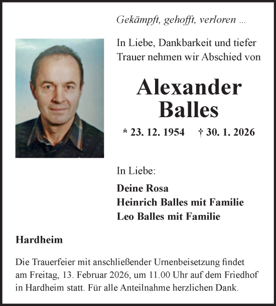 Traueranzeige von Alexander Balles von Fränkische Nachrichten