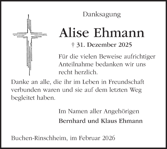 Traueranzeige von Alise Ehmann von Fränkische Nachrichten