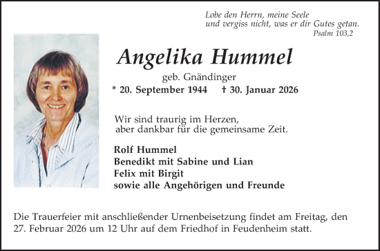 Traueranzeige von Angelika Hummel von Mannheimer Morgen