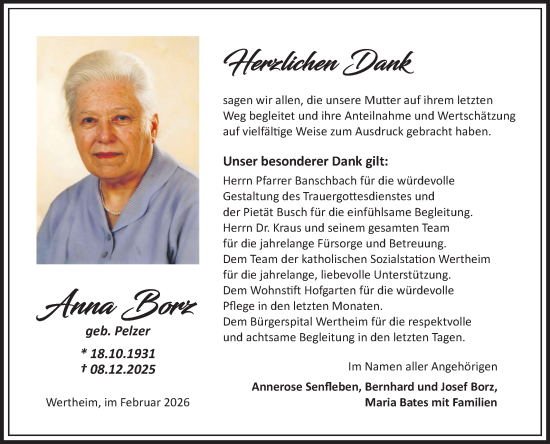 Traueranzeige von Anna Borz von Fränkische Nachrichten