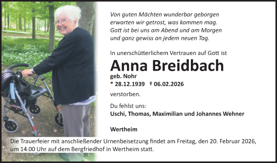 Traueranzeige von Anna Breidbach von Fränkische Nachrichten