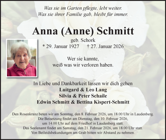Traueranzeige von Anna Schmitt von Fränkische Nachrichten