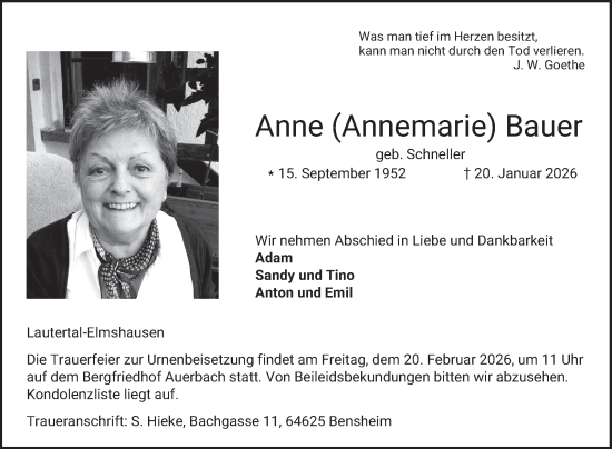 Traueranzeige von Anne Bauer von Bergsträßer Anzeiger