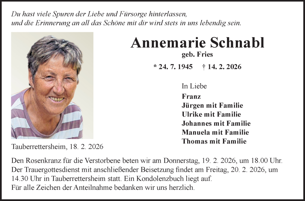  Traueranzeige für Annemarie Schnabl vom 18.02.2026 aus Fränkische Nachrichten