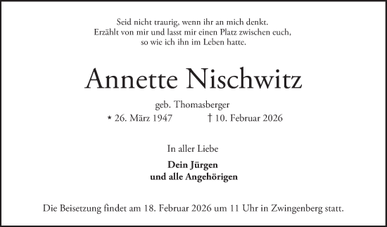 Traueranzeige von Annette Nischwitz von Bergsträßer Anzeiger