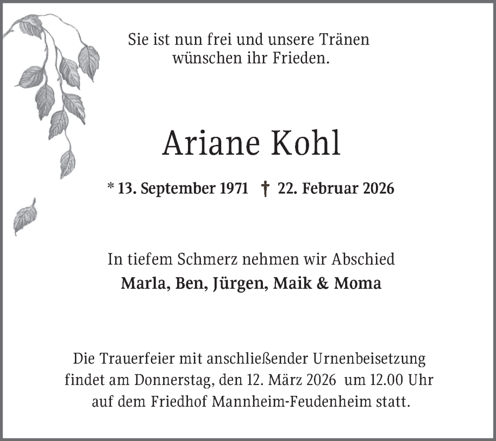  Traueranzeige für Ariane Kohl vom 28.02.2026 aus Mannheimer Morgen
