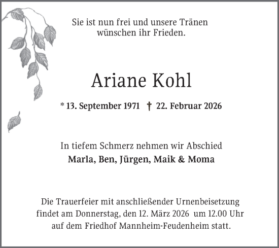 Traueranzeige von Ariane Kohl von Mannheimer Morgen