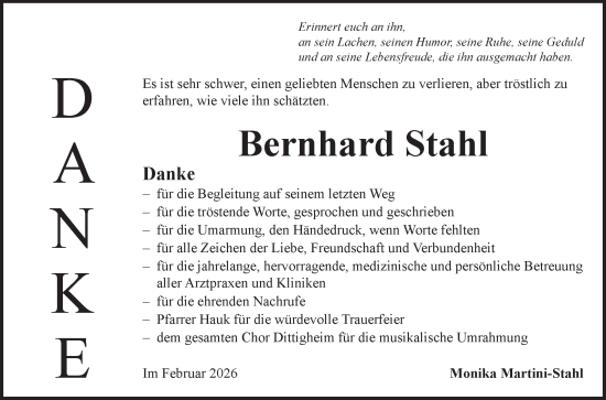 Traueranzeige von Bernhard Stahl von Fränkische Nachrichten