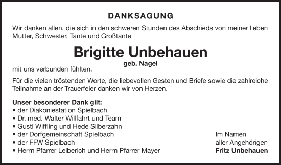 Traueranzeige von Brigitte Unbehauen von Fränkische Nachrichten