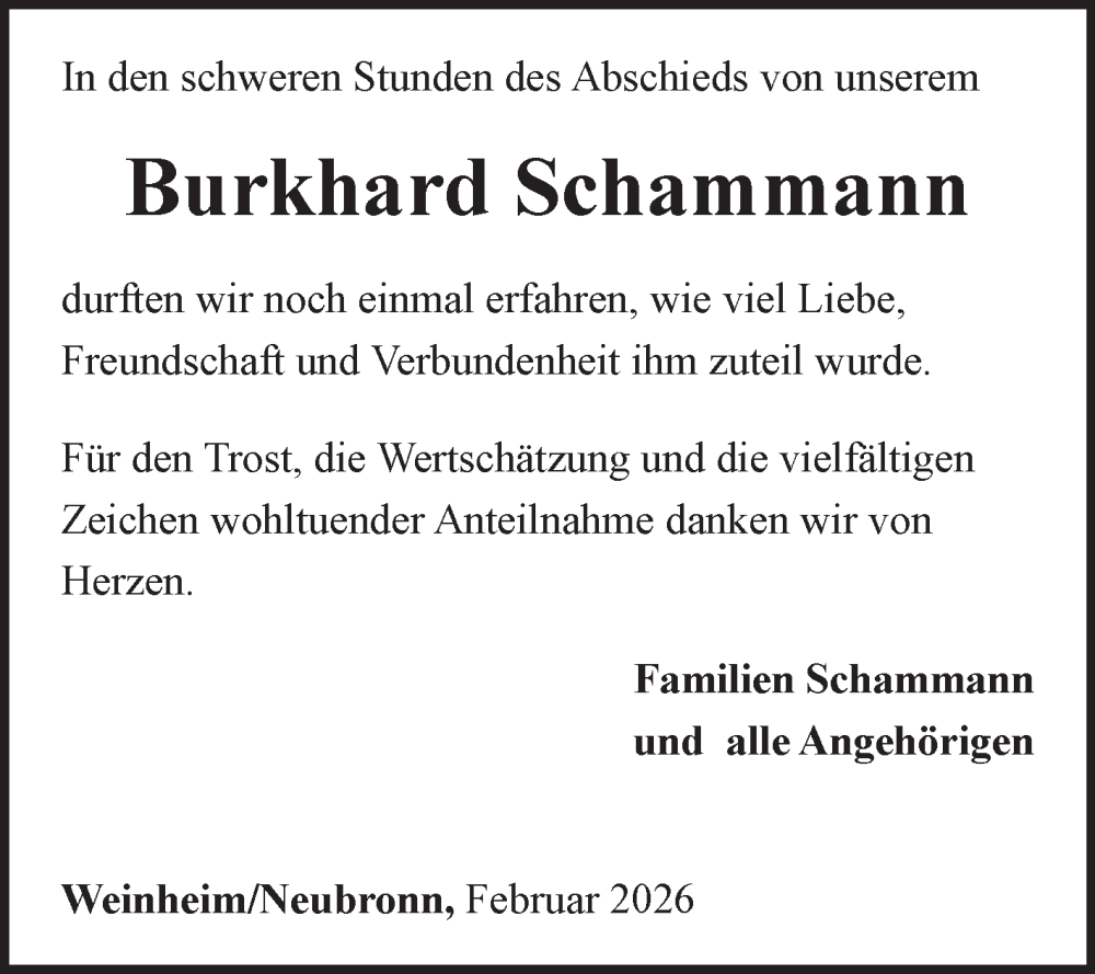  Traueranzeige für Burkhard Schammann vom 14.02.2026 aus Fränkische Nachrichten