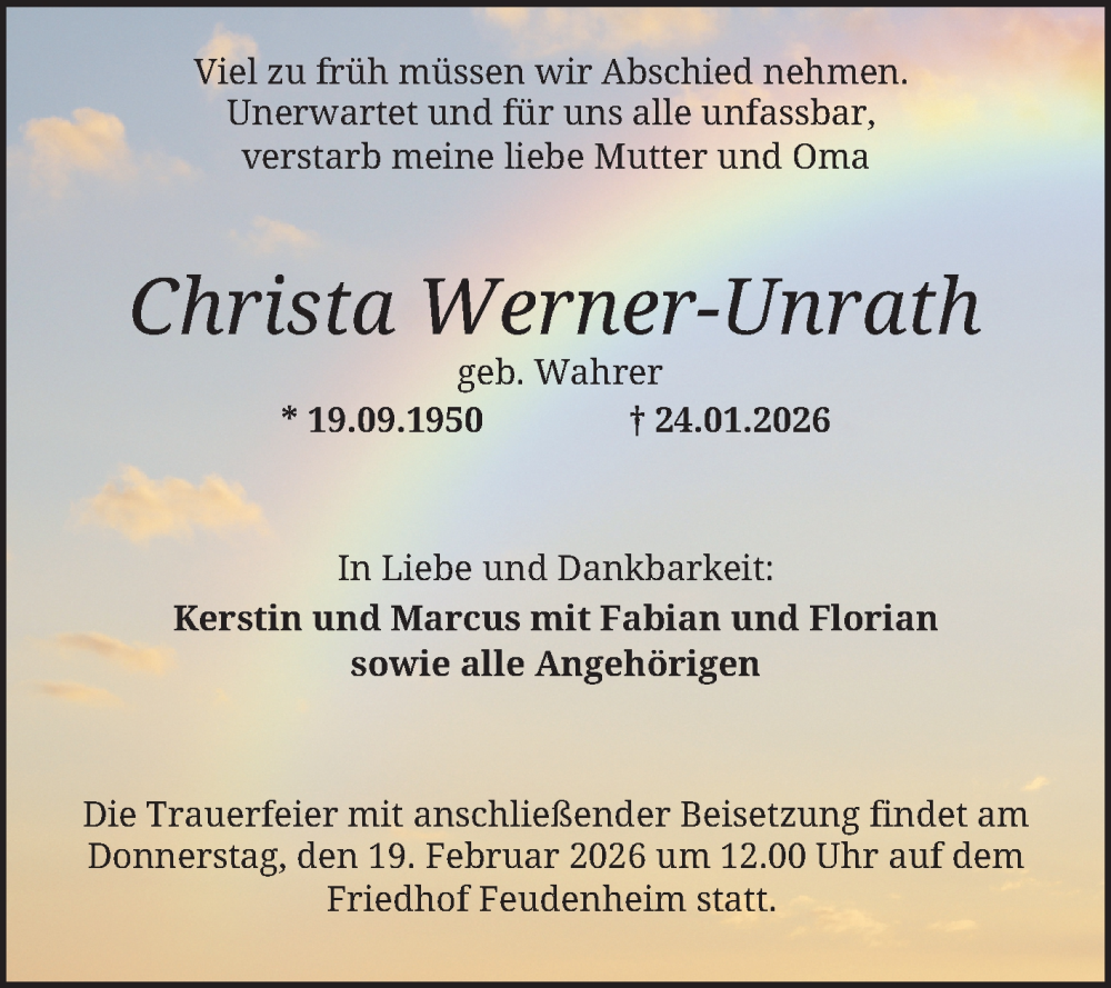  Traueranzeige für Christa Werner-Unrath vom 14.02.2026 aus Mannheimer Morgen