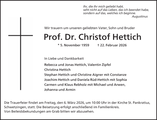 Traueranzeige von Christof Hettich von Mannheimer Morgen
