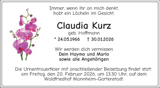 Traueranzeige von Claudia Kurz von Mannheimer Morgen