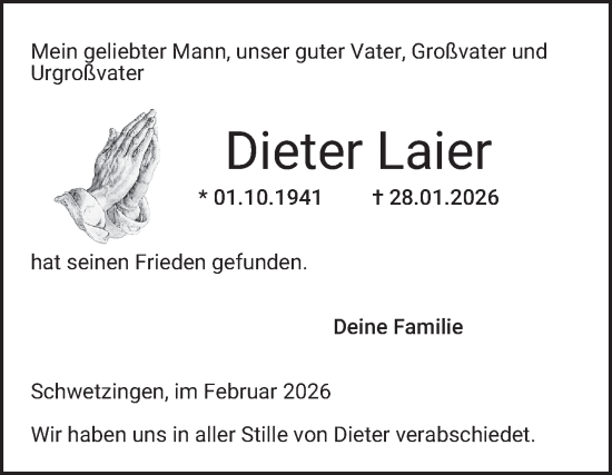 Traueranzeige von Dieter Laier von Schwetzinger Zeitung