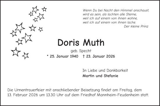 Traueranzeige von Doris Muth von Mannheimer Morgen