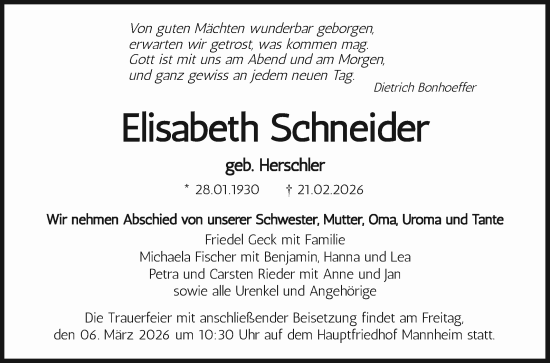 Traueranzeige von Elisabeth Schneider von Mannheimer Morgen