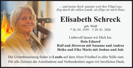 Traueranzeige von Elisabeth Schreck von Fränkische Nachrichten