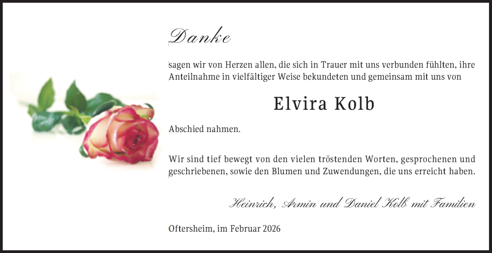  Traueranzeige für Elvira Kolb vom 06.02.2026 aus Schwetzinger Zeitung