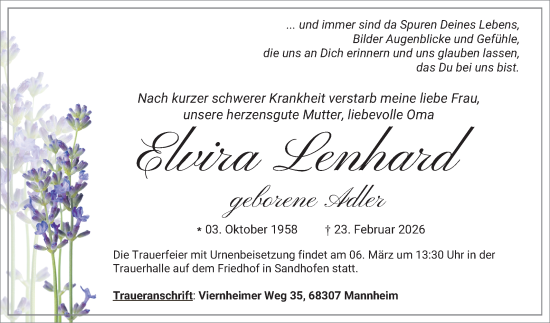 Traueranzeige von Elvira Lenhard von Mannheimer Morgen