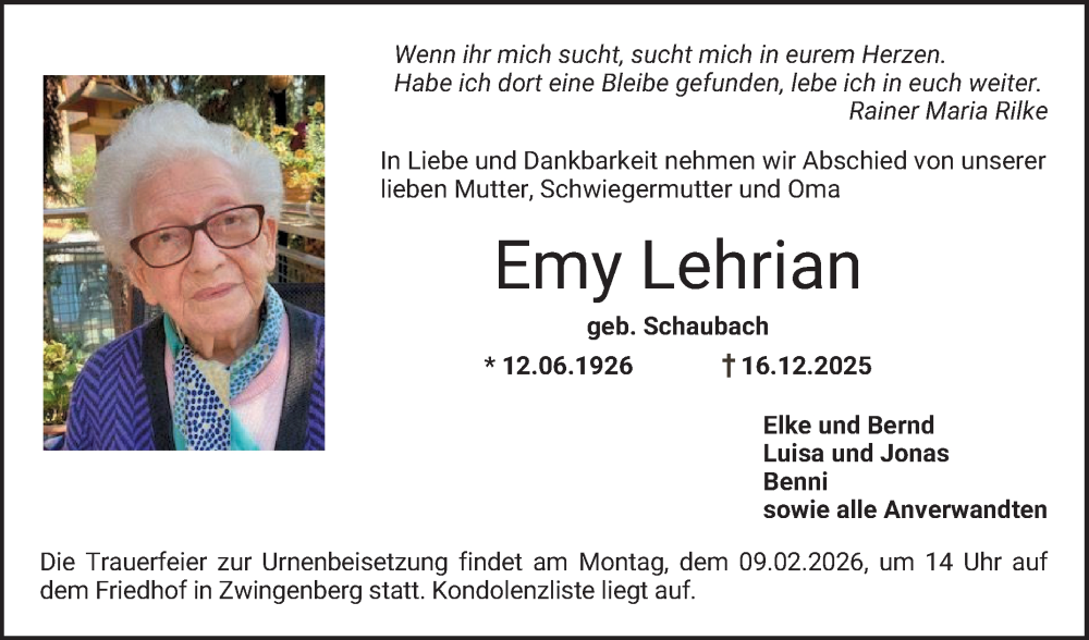  Traueranzeige für Emy Lehrian vom 07.02.2026 aus Bergsträßer Anzeiger