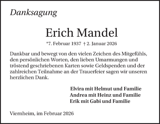 Traueranzeige von Erich Mandel von Mannheimer Morgen