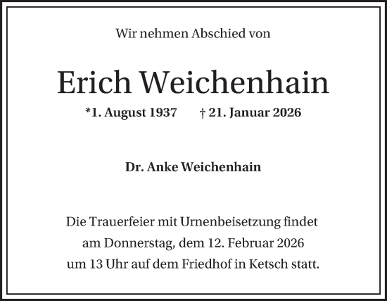 Traueranzeige von Erich Weichenhain von Schwetzinger Zeitung