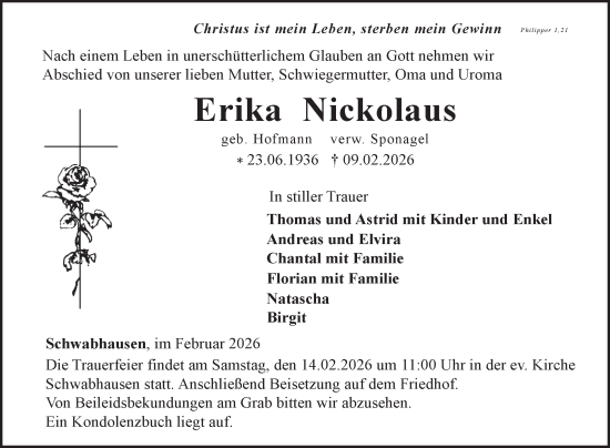 Traueranzeige von Erika Nickolaus von Fränkische Nachrichten