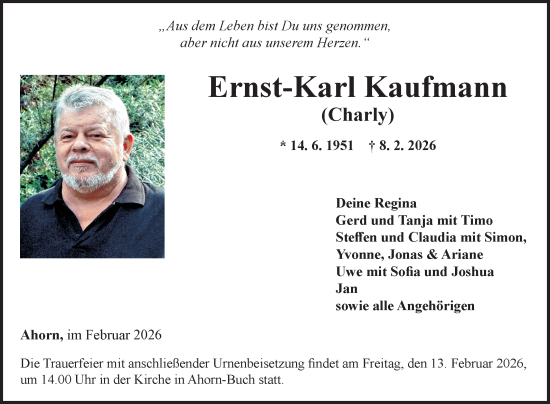 Traueranzeige von Ernst-Karl Kaufmann von Fränkische Nachrichten