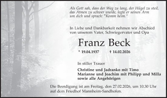 Traueranzeige von Franz Beck von Mannheimer Morgen