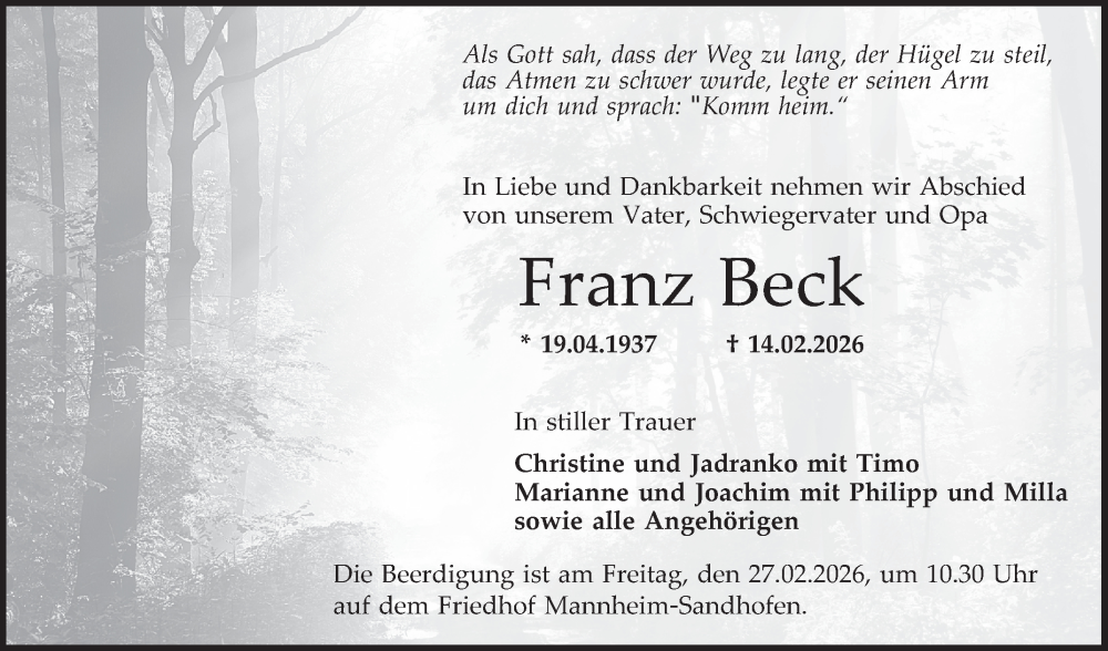  Traueranzeige für Franz Beck vom 23.02.2026 aus Mannheimer Morgen