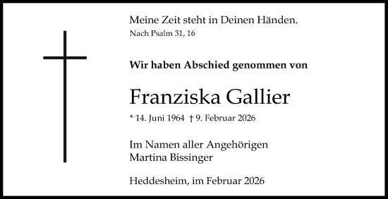 Traueranzeige von Franziska Gallier von Mannheimer Morgen