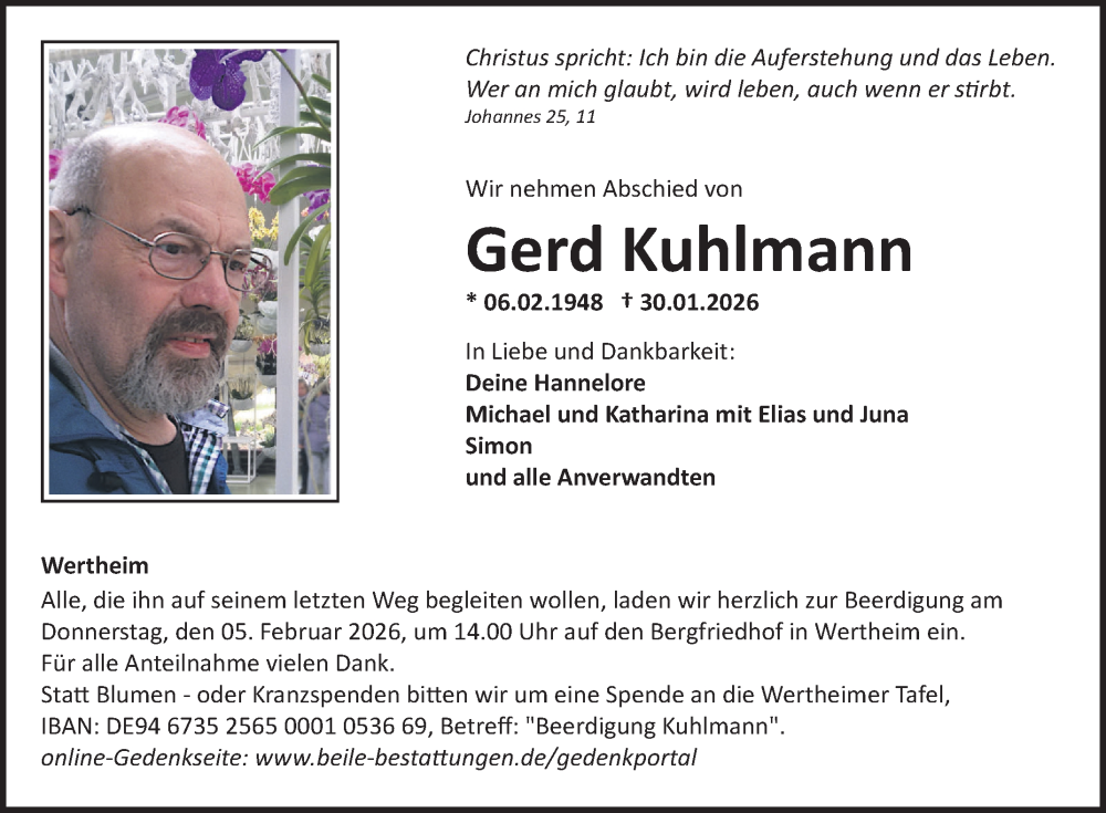  Traueranzeige für Gerd Kuhlmann vom 03.02.2026 aus Fränkische Nachrichten