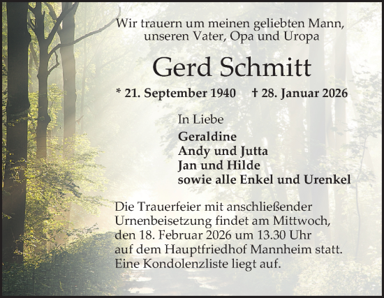 Traueranzeige von Gerd Schmitt von Mannheimer Morgen