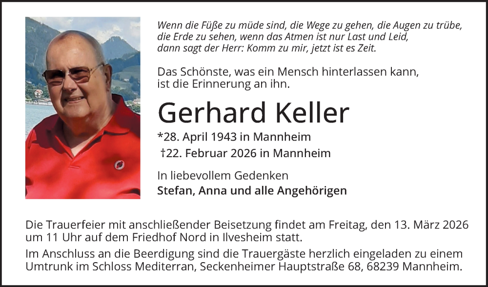  Traueranzeige für Gerhard Keller vom 28.02.2026 aus Mannheimer Morgen