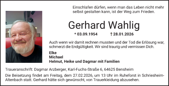 Traueranzeige von Gerhard Wahlig von Bergsträßer Anzeiger