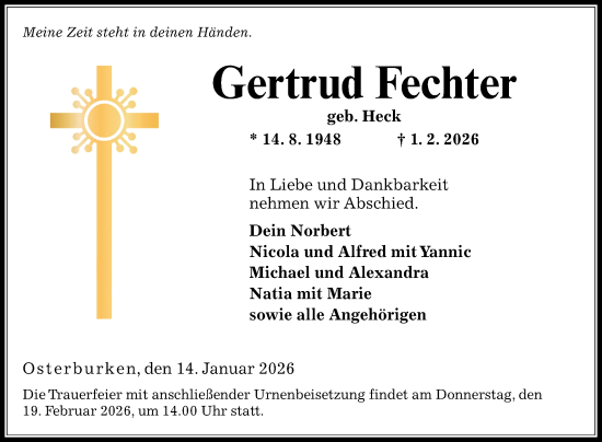Traueranzeige von Gertrud Fechter von Fränkische Nachrichten