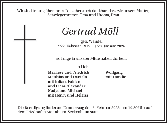 Traueranzeige von Gertrud Möll von Mannheimer Morgen