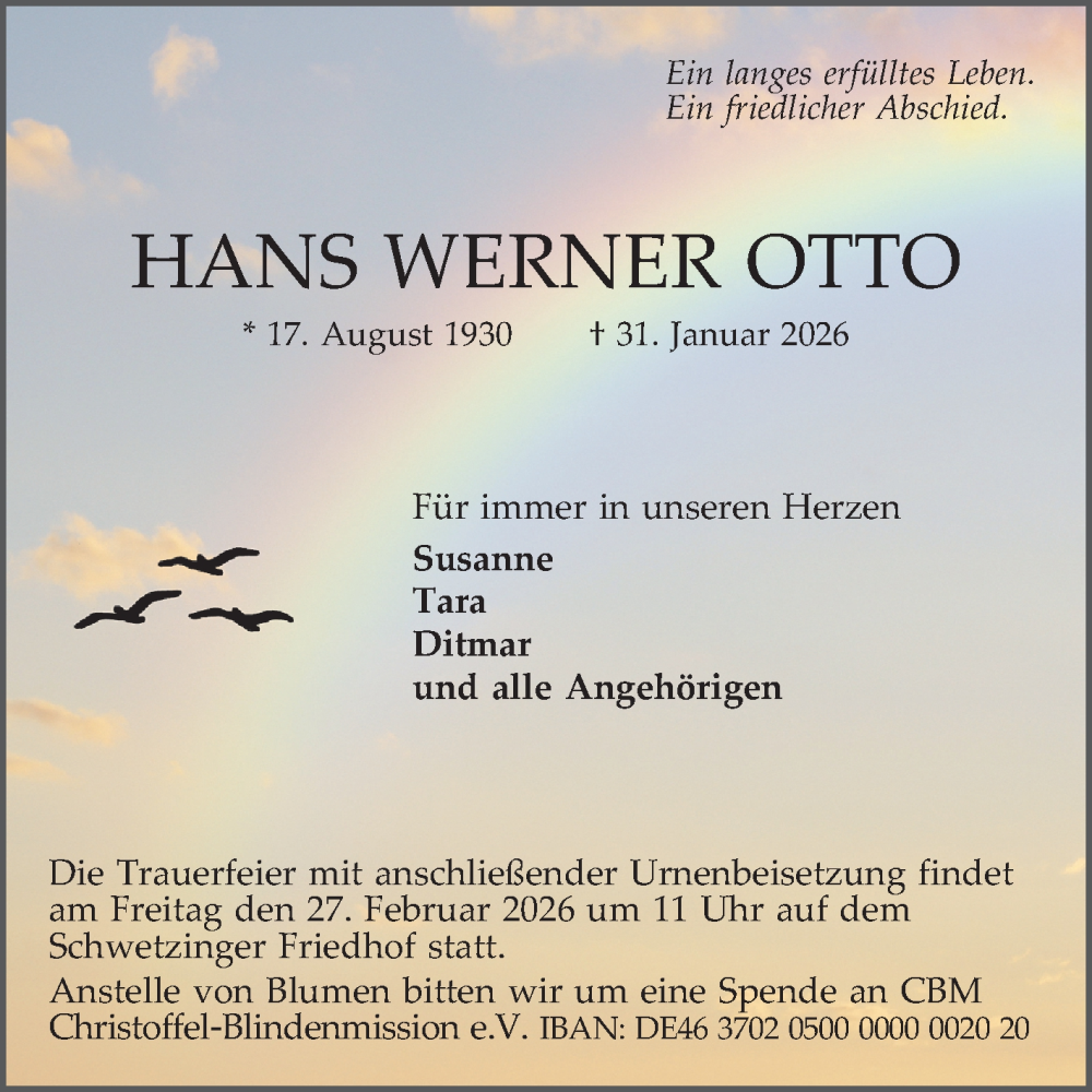  Traueranzeige für Hans Werner Otto vom 14.02.2026 aus Schwetzinger Zeitung