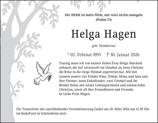 Traueranzeige von Helga Hagen von Mannheimer Morgen