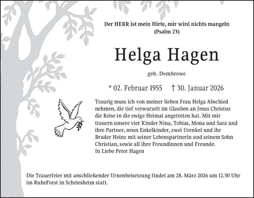  Traueranzeige für Helga Hagen vom 14.02.2026 aus Mannheimer Morgen